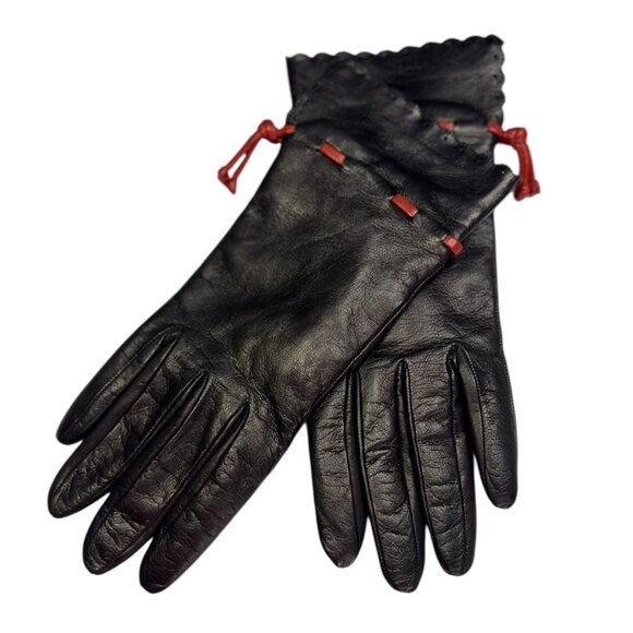 Portolano Women's Dark Brown Napa Leather Gloves 7.5 Cashmere Lined Cognac Tie - Picture 2 of 5